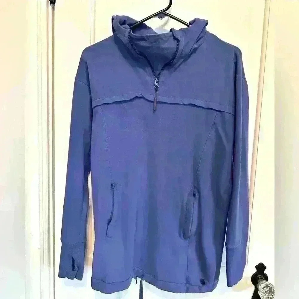 Sweaty Betty Blue Pullover Sweatshirt with funnel collar and hood, size small